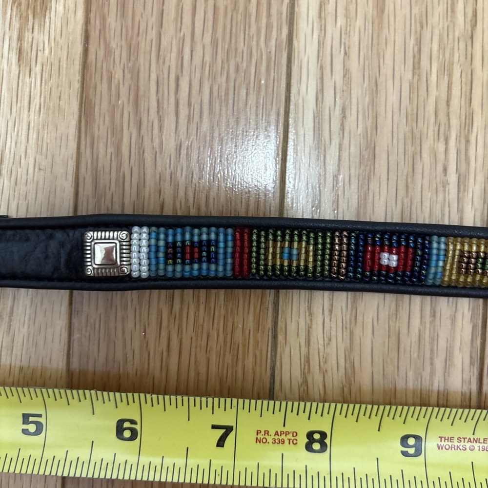 BRIGHTON Womens Beaded Black Leather Skinny Belt Tribal Festival Silver Buckle - Picture 6 of 8